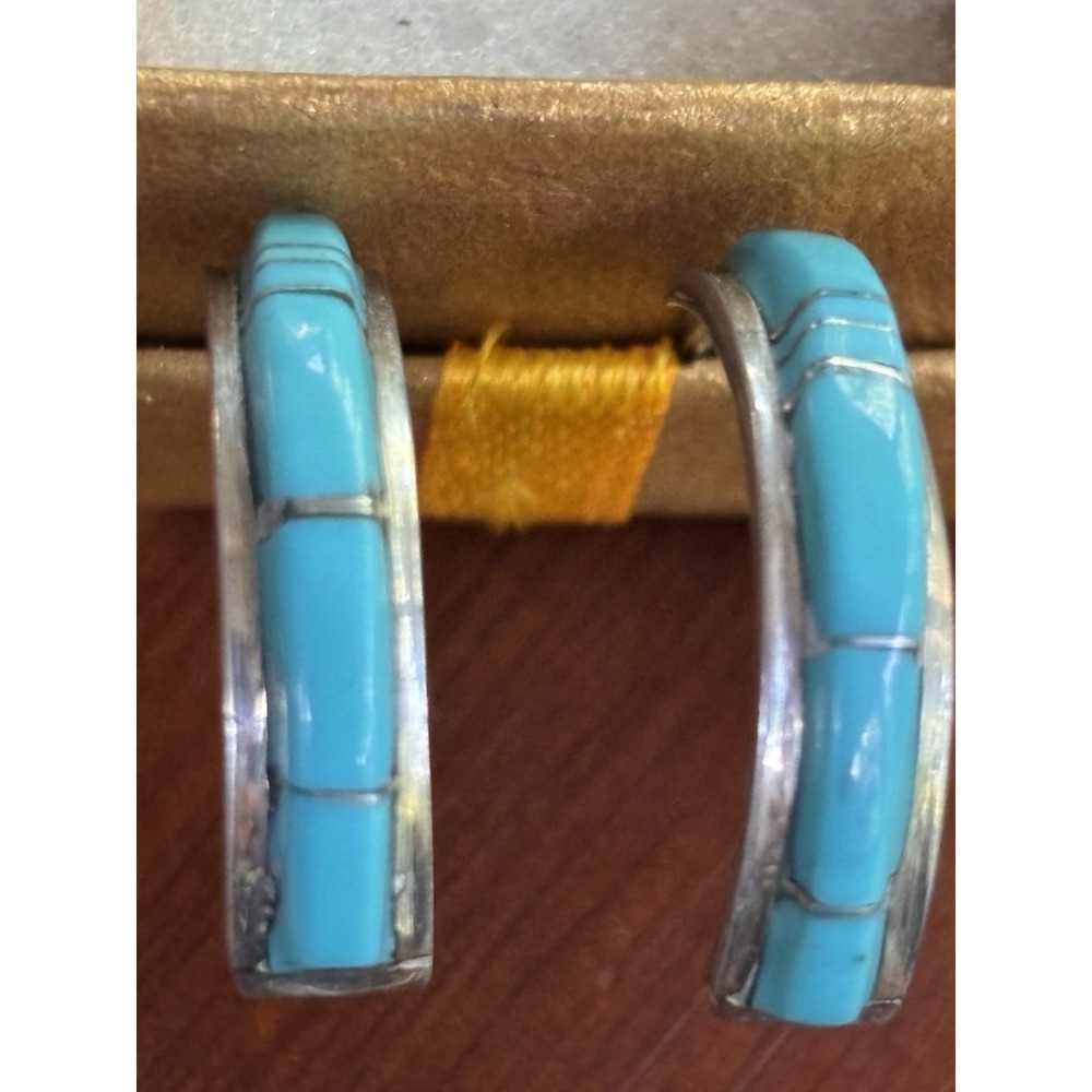 Kent Lonjose Zuni Native Sterling Kingman Turquoise 1/2 Hoop Earrings
